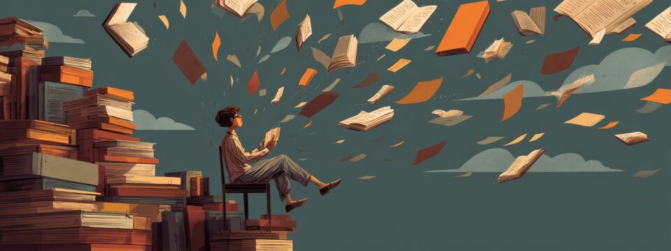 A Student Imagines Learning While Surrounded by Floating Books in a Creative Study Environment