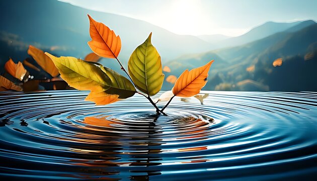 Autumn leaves gently float on rippling water, reflecting the warm colors of the changing season and the serene mountain landscape