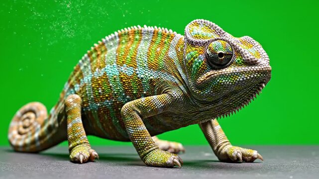 Chameleon perched on a flat professional studio surface with a bright chroma green screen background