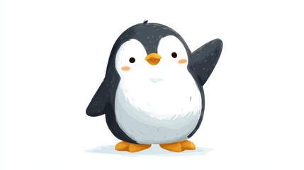 Fototapeta premium Adorable Penguin Waving with One Wing in Cute Cartoon Style on a Clean White Background