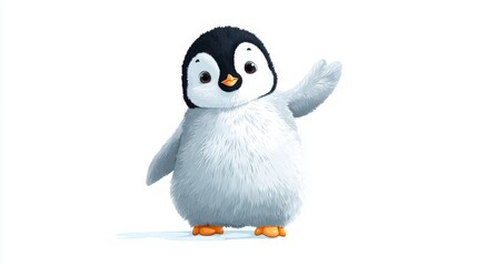 Fototapeta premium Adorable Waving Penguin Character in Clipart Style with Soft Textures and Friendly Expression on a White Background