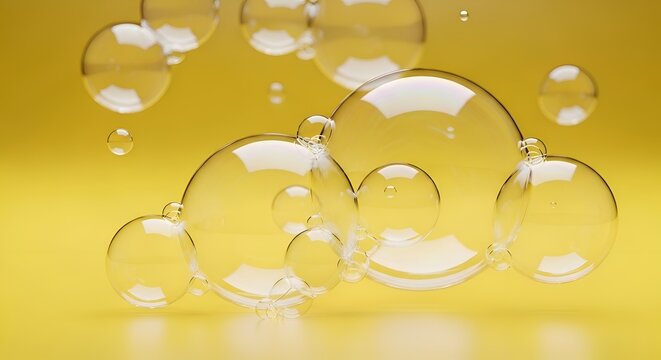 Floating transparent bubbles on yellow background