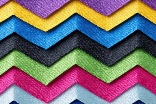 Colorful ric rac trim ribbons arranged in layered zigzag patterns showcasing vibrant hues of purple, yellow, blue, green, black, pink, and light blue on a flat surface