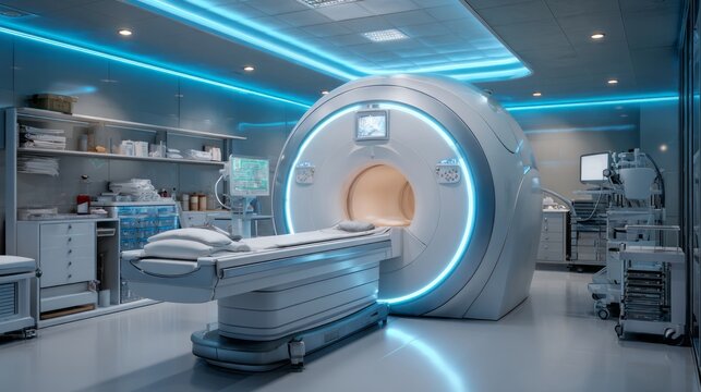 Modern mri scanner in a well-equipped medical room with medical devices and supplies, ready for diagnostic imaging procedures to detect and evaluate various health conditions