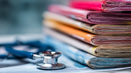 Stack of medical journals and research papers on a desk with organized scientific literature and healthcare publications for professional study and medical research