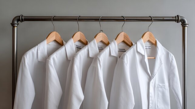 Set of clean white medical lab coats neatly arranged on wooden hangers on a metal clothing rack in a professional healthcare or laboratory setting