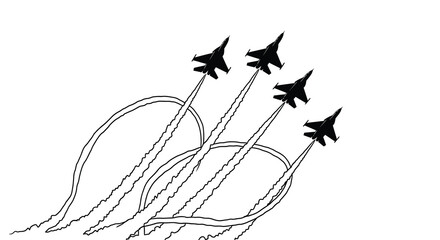 A striking black and white illustration depicts four fighter jets in formation leaving swirling contrails across the sky high quality professional © Nupur02