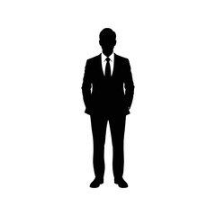 Silhouette of a businessman in a suit standing with hands in pockets on white background representing professionalism and confidence in a corporate setting