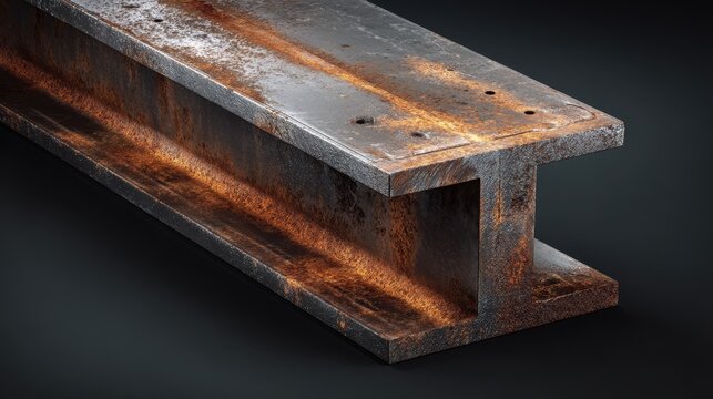 Isolated rolled steel I-beam: industrial 3D illustration with metallic texture and dramatic lighting