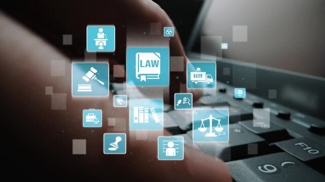 Law icons illustrate justice, court, and regulation system. Law represents fairness, law supports police, and law connects with rules, rights, and enforcement. Funnel