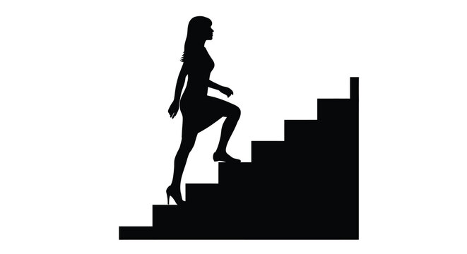A stark silhouette depicts a woman ascending a flight of stairs suggesting ambition and progress high quality professional detailed