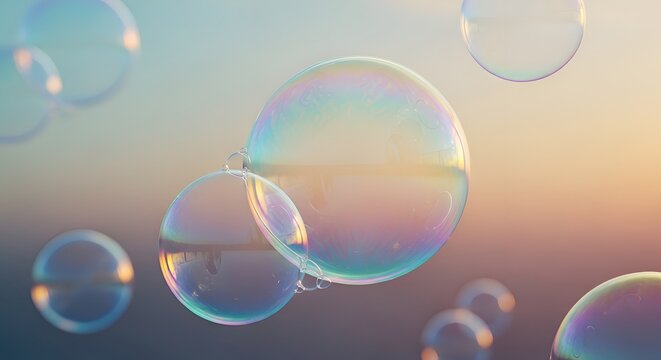 Iridescent bubbles floating in pastel colored sunset background colorful
