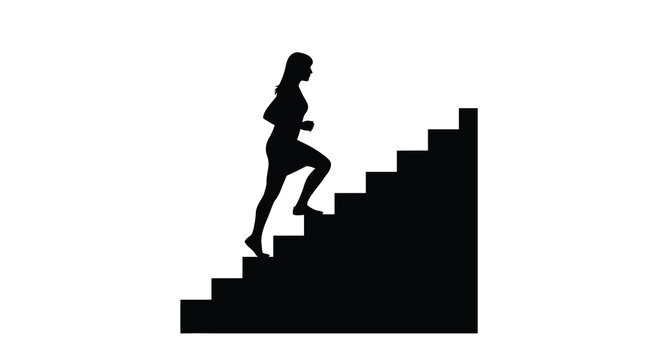 A stark silhouette depicts a woman ascending a set of geometric block like stairs symbolizing progress high quality professional detailed