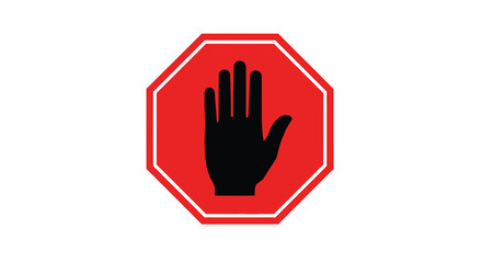 Obraz premium A striking red octagonal sign displays a black silhouette of a hand in a stop gesture conveying prohibition