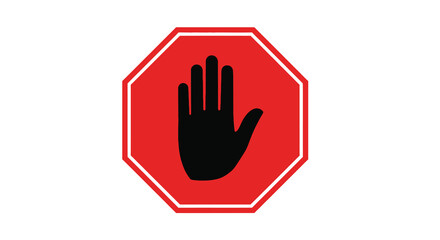 Obraz premium A vibrant red octagonal sign displays a black silhouette of an open hand indicating a stop or halt