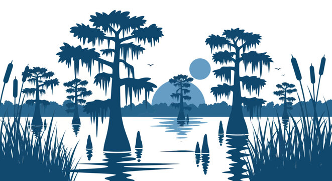 Cypress Trees Silhouette in Swamp Landscape at Sunset with Reflections