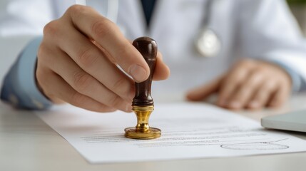 Doctor stamping an important medical document in a professional clinical environment, confirming patient information, approving treatment, and issuing official medical certification, highlighting heal