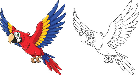 Fototapeta premium Brightly colored macaw parrot in flight line art and colored version