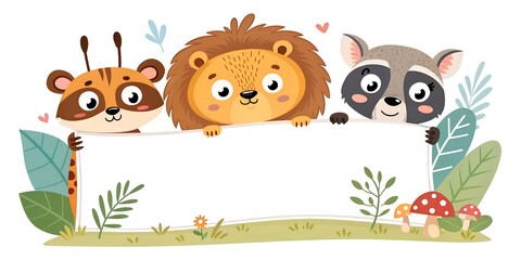 Naklejka premium Three adorable animal friends joyfully holding a blank sign while surrounded by vibrant plants and charming elements in a playful illustration setting Generative AI