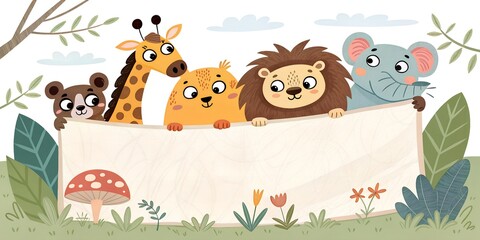 Naklejka premium Five adorable animals joyfully hold a blank sign in a vibrant forest setting, inviting imagination and creativity in a playful atmosphere Generative AI