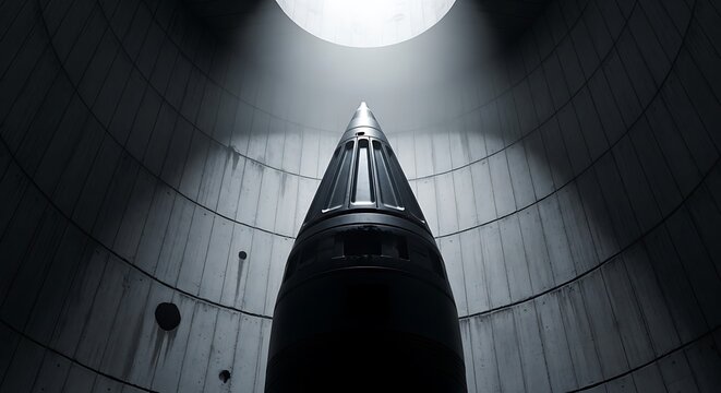 A vertical missile stands in a silo, lit from above by an opening, dark ambiance