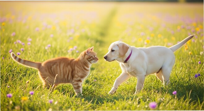 Puppy and kitten share a moment of curiosity in a sunlit meadow filled with colorful flowers during a serene afternoon in spring Generative AI