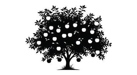 A striking black silhouette depicts a lush apple tree heavily laden with ripe fruit showcasing nature s bounty high quality © Nupur02