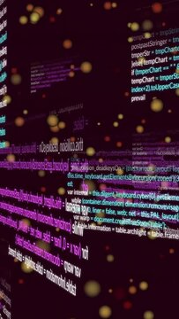 Vertical video: Edge code lines appearing, cyan magenta panels rotating, revealing code planes