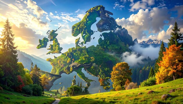 A vibrant artistic depiction of the European continent formed by lush greenery, mountains, and a bright sky