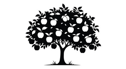 A striking black silhouette depicts a flourishing apple tree laden with ripe fruit showcasing nature s abundance high quality professional © Nupur02