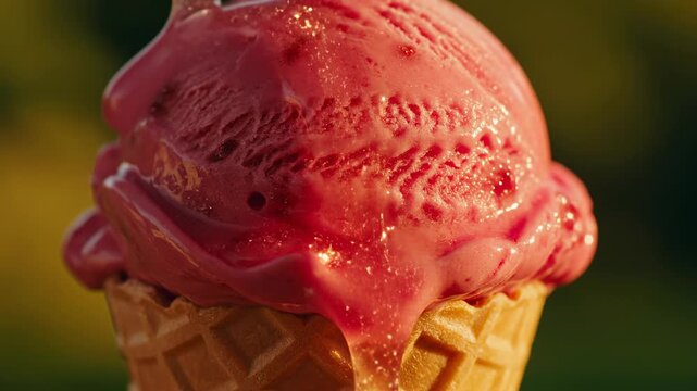 Delicious Strawberry Ice Cream Cone Melting on a Sunny Day.