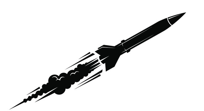 A stark black silhouette depicts a rocket ascending rapidly leaving a trail of exhaust flames behind it high quality
