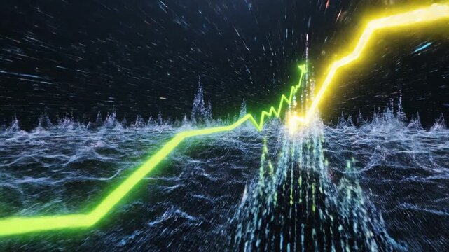 Abstract digital landscape with glowing green data graph and yellow lightning representing financial or technological trends.