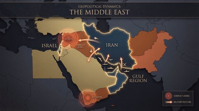 Geopolitical map of Middle East highlighting Iran Israel Saudi Arabia and Gulf crisis
