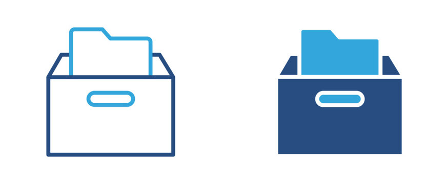 Document archive icon set. File folder in storage box icon, data organization and file management concept. Vector illustration.