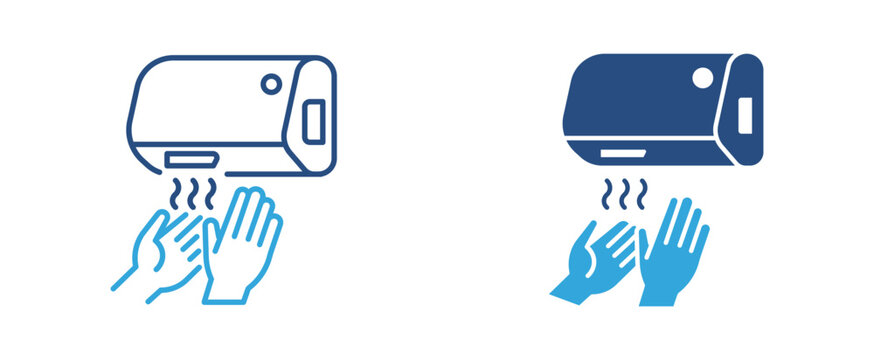 Hand drying with air dryer icon set. Electric hand dryer with hands icon, hygiene and public restroom equipment concept. Vector illustration.