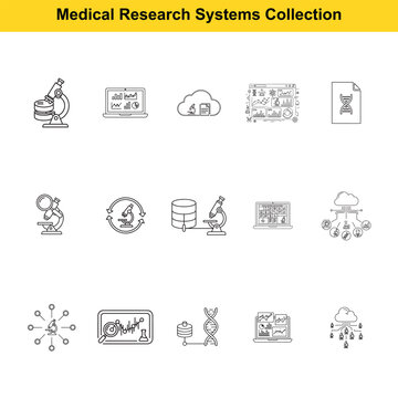 Microscope and data icons show core components involved in modern computerized medical research.