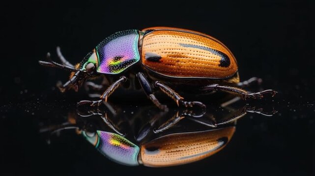 Close up of a colorful beetle on a reflective black surface