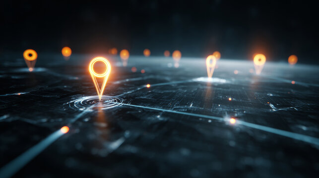 Digital map displaying interconnected glowing markers on an abstract dark grid, representing location, journey, and technology