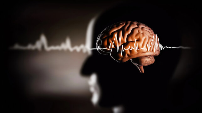 Brain inside a human head silhouette, pulsating with neural energy and brainwave graph. Concepts, intelligence, thinking, science, memory