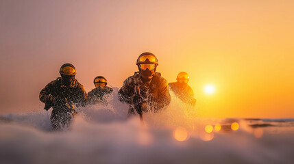 Obraz premium Group of military soldiers running through ocean waves at sunset, conducting a tactical water operation