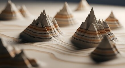 Abstract Layered Mountain Peaks Creating a Geometric Topographic Landscape with Subtle Stratification and Earthy Tones, a Minimalist 3D Rendered Design