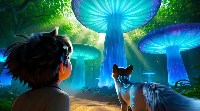 Young man and magical fox exploring a glowing mushroom forest