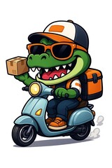 Obraz premium Cartoon Reptile Delivery Driver Speeding Through City