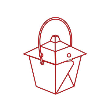 A simple red line drawing of a traditional Chinese takeout food container with a handle.