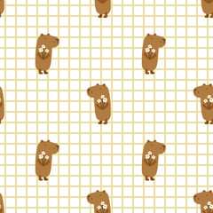 Seamless funny pattern with capybara and bouquet of white flowers