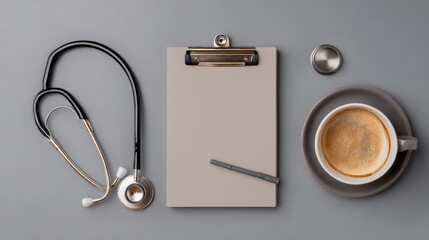 Minimalist medical workspace with stethoscope, digital tablet, blank notepad, and coffee cup on a clean desk, representing modern healthcare consultation, professional medical environment, and organiz