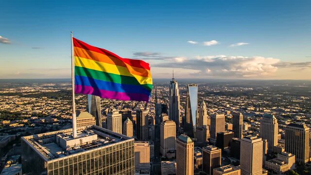 Rainbow Flag Waving Proudly Over City Skyline at Sunset.