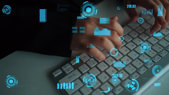 Close-up view of hands typing on a keyboard set against a futuristic digital interface. The image represents technology, data visualization, and modern analytics in a workspace setting. Xenic