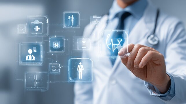 Doctor reviewing digital checklist on tablet in modern clinic with ai-driven medical data, virtual patient management, and advanced telemedicine technology, illustrating healthcare innovation and smar